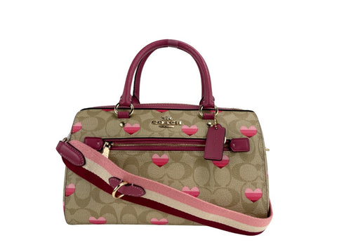 COACH (CA248) Heart Print Signature Leather Rowan Medium Satchel Handbag Purse